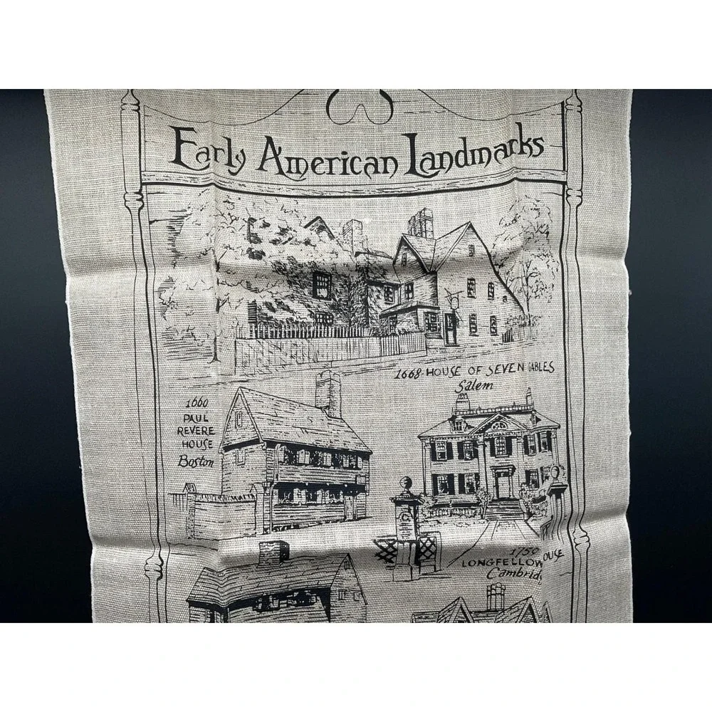 Early American Landmarks Tea Towel Linen Wall Hanging New England Map